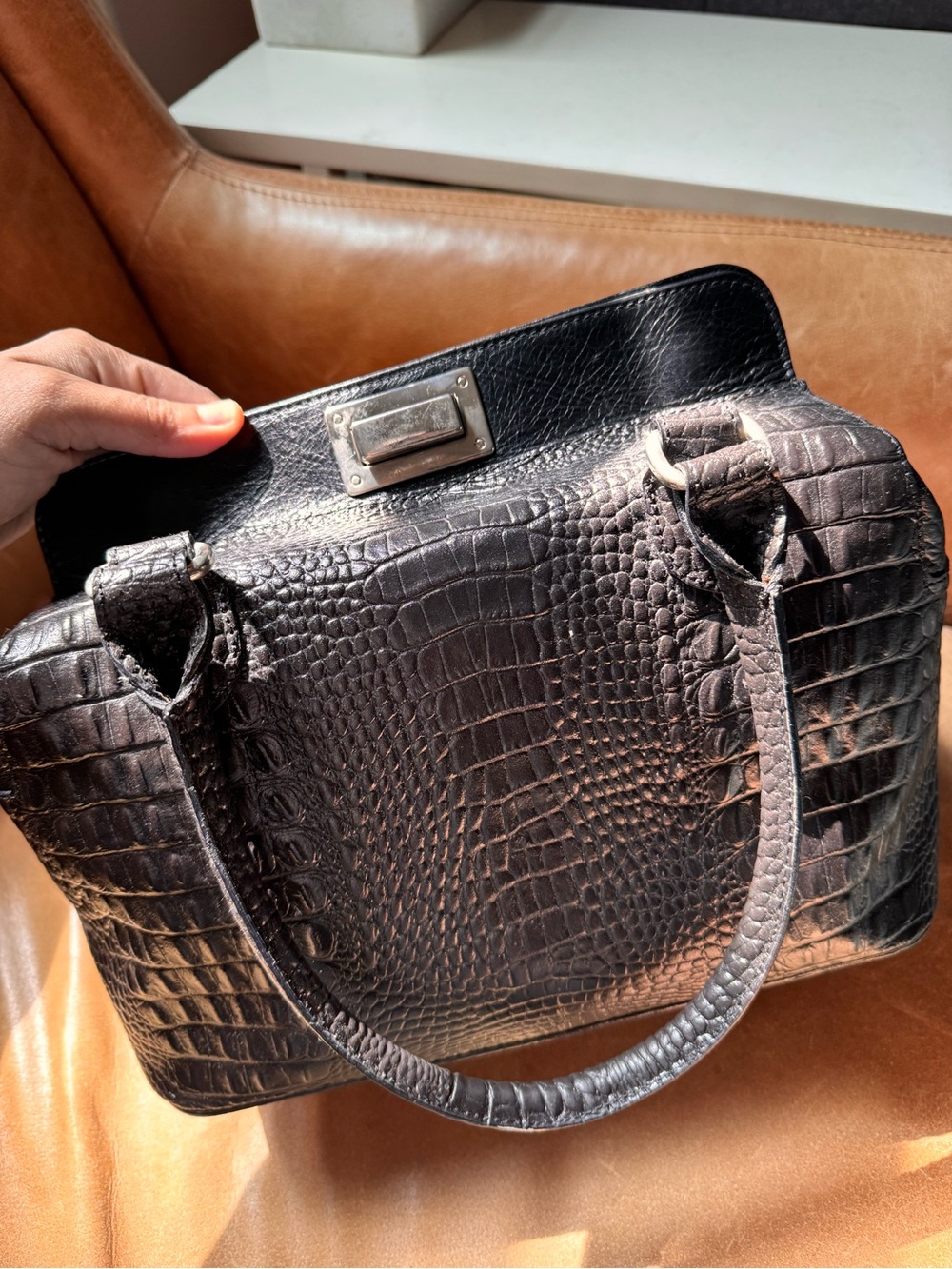 Italian croc embossed leather Classic Structured Tote hardware buckle silver - Picture 5 of 16